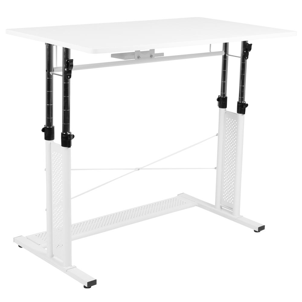 White Height Adjustable Computer Desk, Adjustable Floor Glides, Stabilizing White Pedestal Base