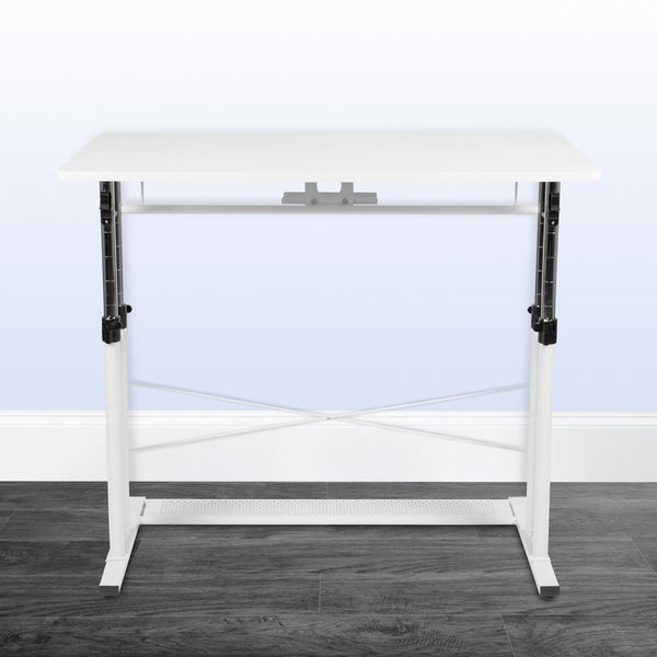 White Height Adjustable Computer Desk, Adjustable Floor Glides, Stabilizing White Pedestal Base