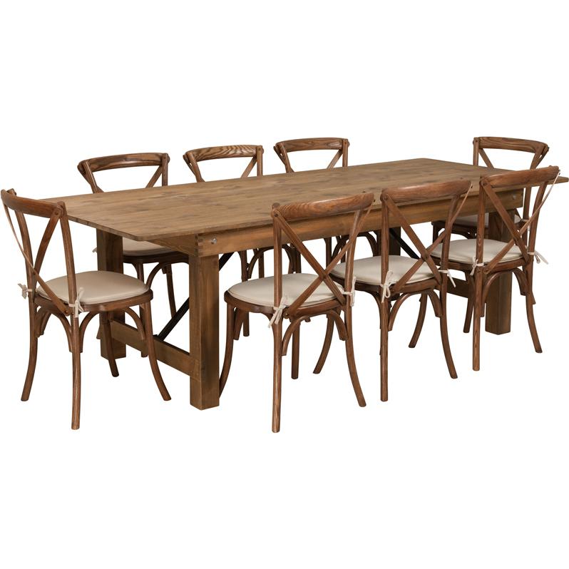 8' x 40'' Antique Folding Farm Table Set with 8 Cross Back Chairs and Cushions