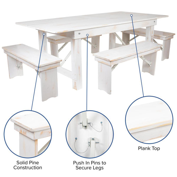 7' x 40" Antique Rustic White Folding Farm Table and Four Bench Set