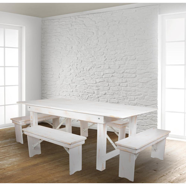 Antique Rustic White Folding Farm Table and Four Bench Set - Lacasademartha