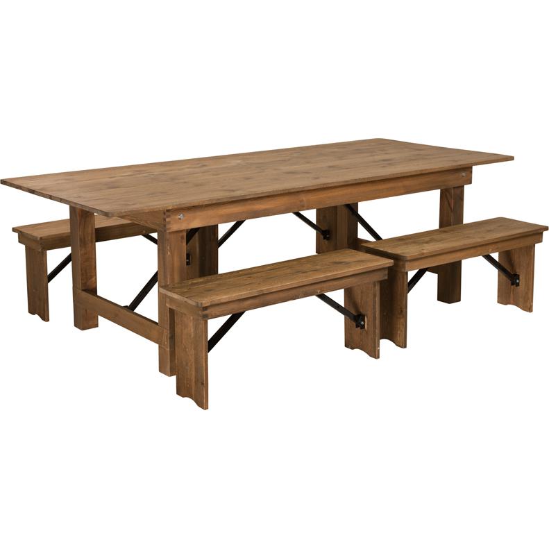 8' x 40'' Antique Rustic Folding Farm Table and Four 40.25"L Bench Set