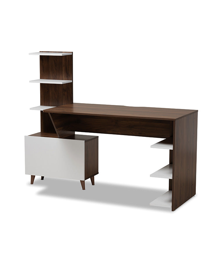 Tobias Mid-Century Modern Two-Tone White and Walnut Brown Finished Wood Storage Computer Desk with Shelves