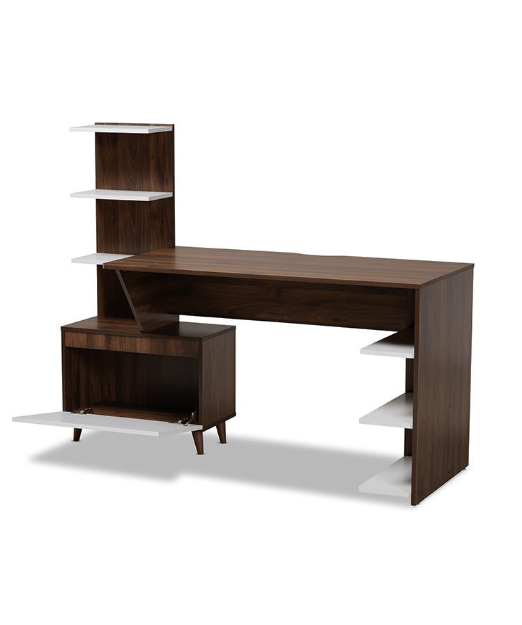 Tobias Mid-Century Modern Two-Tone White and Walnut Brown Finished Wood Storage Computer Desk with Shelves