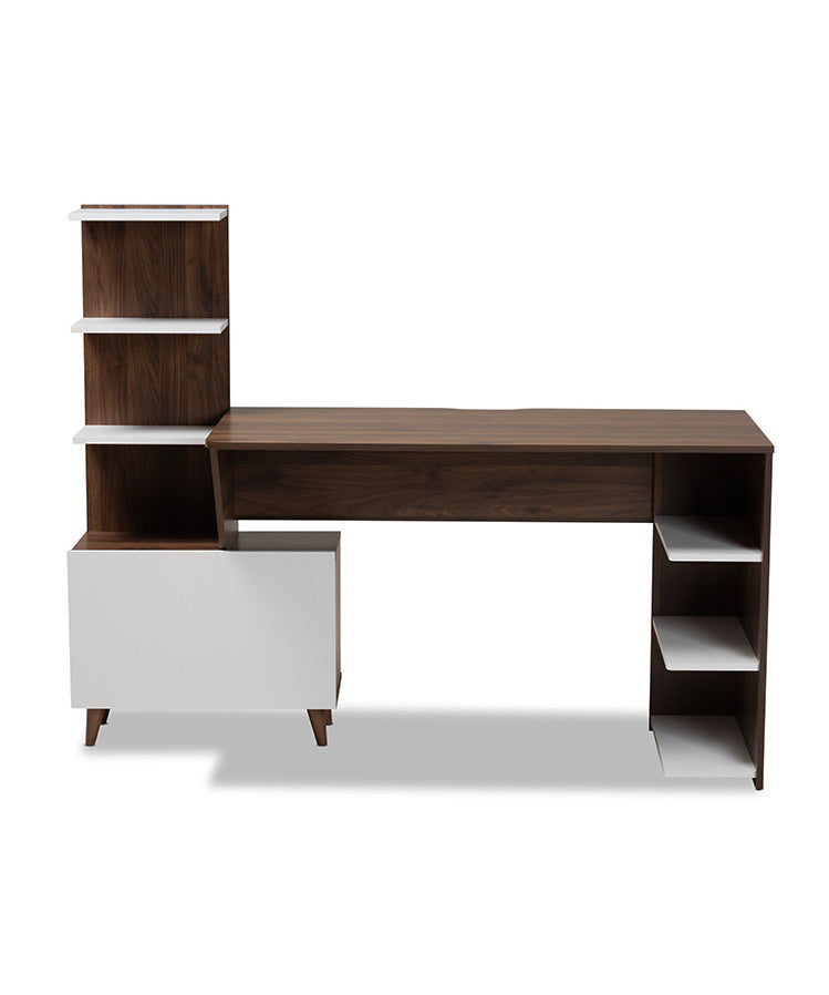 Tobias Mid-Century Modern Two-Tone White and Walnut Brown Finished Wood Storage Computer Desk with Shelves