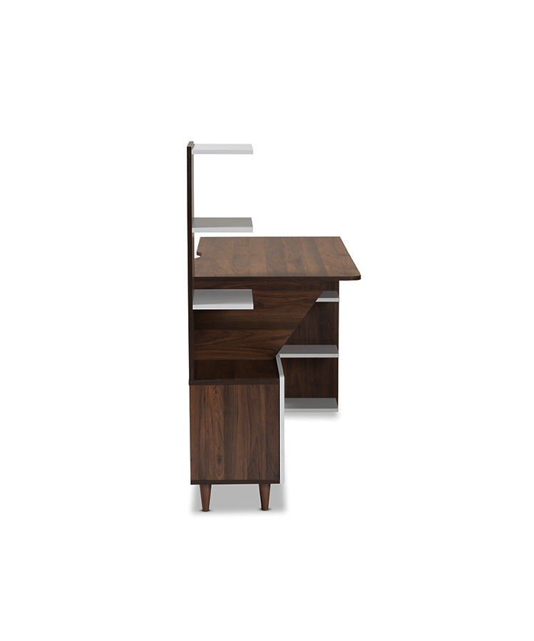 Tobias Mid-Century Modern Two-Tone White and Walnut Brown Finished Wood Storage Computer Desk with Shelves