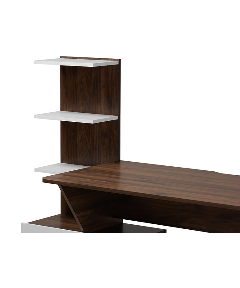 Tobias Mid-Century Modern Two-Tone White and Walnut Brown Finished Wood Storage Computer Desk with Shelves