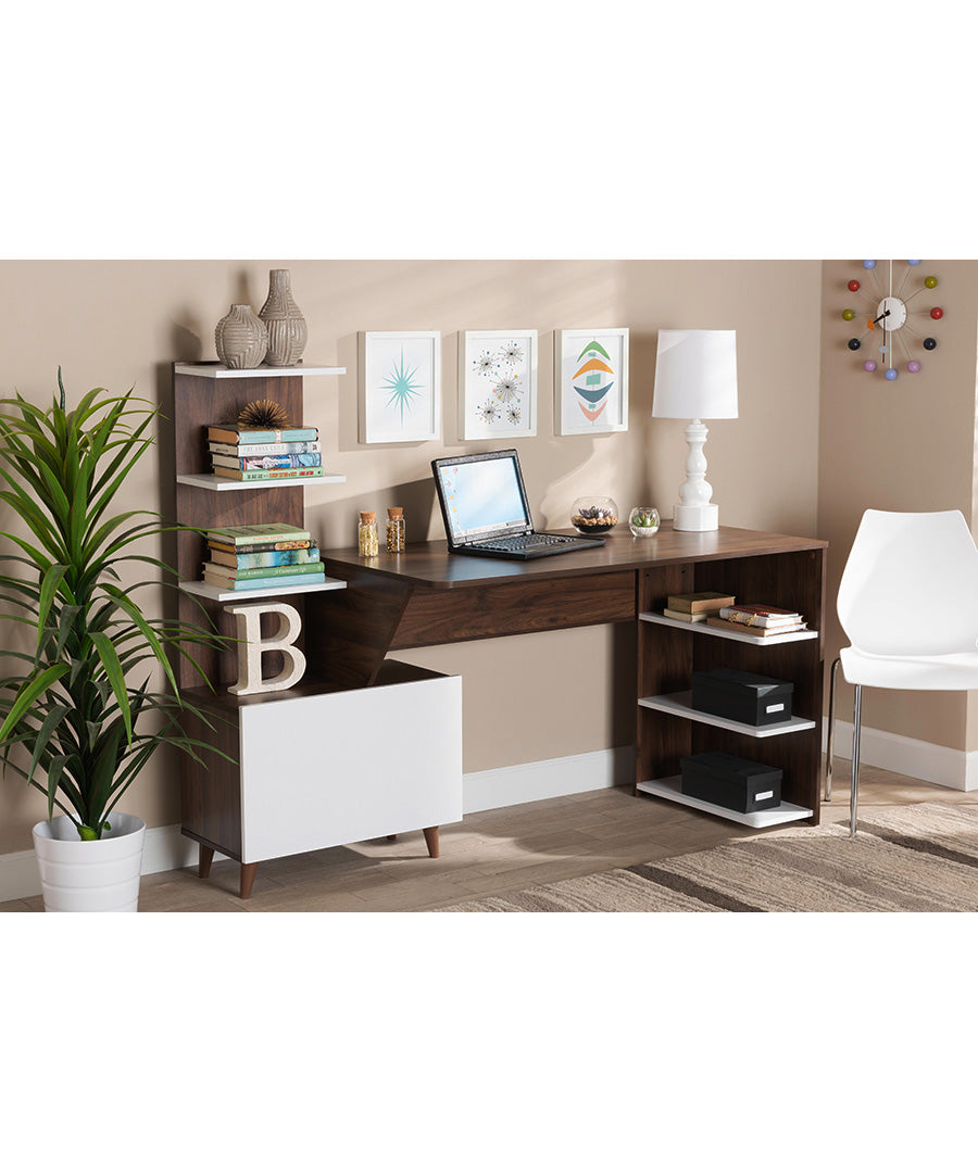 Tobias Mid-Century Modern Two-Tone White and Walnut Brown Finished Wood Storage Computer Desk with Shelves