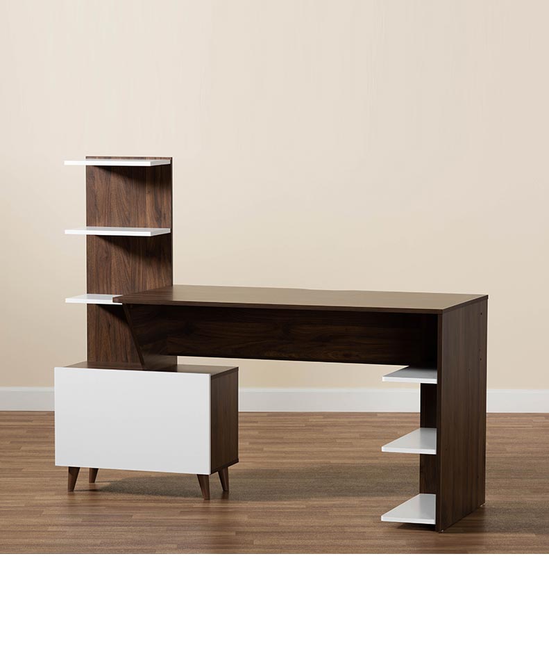 Tobias Mid-Century Modern Two-Tone White and Walnut Brown Finished Wood Storage Computer Desk with Shelves