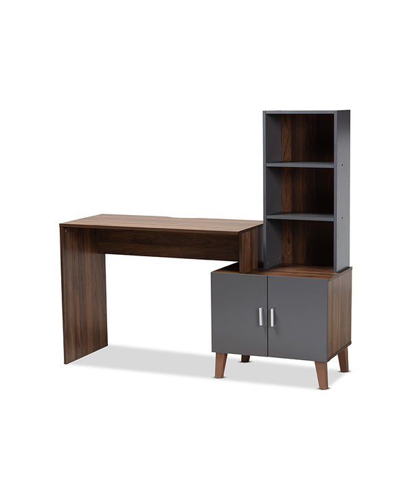 Jaeger Modern and Contemporary Two-Tone Walnut Brown and Dark Grey Finished Wood Storage Desk with Shelves