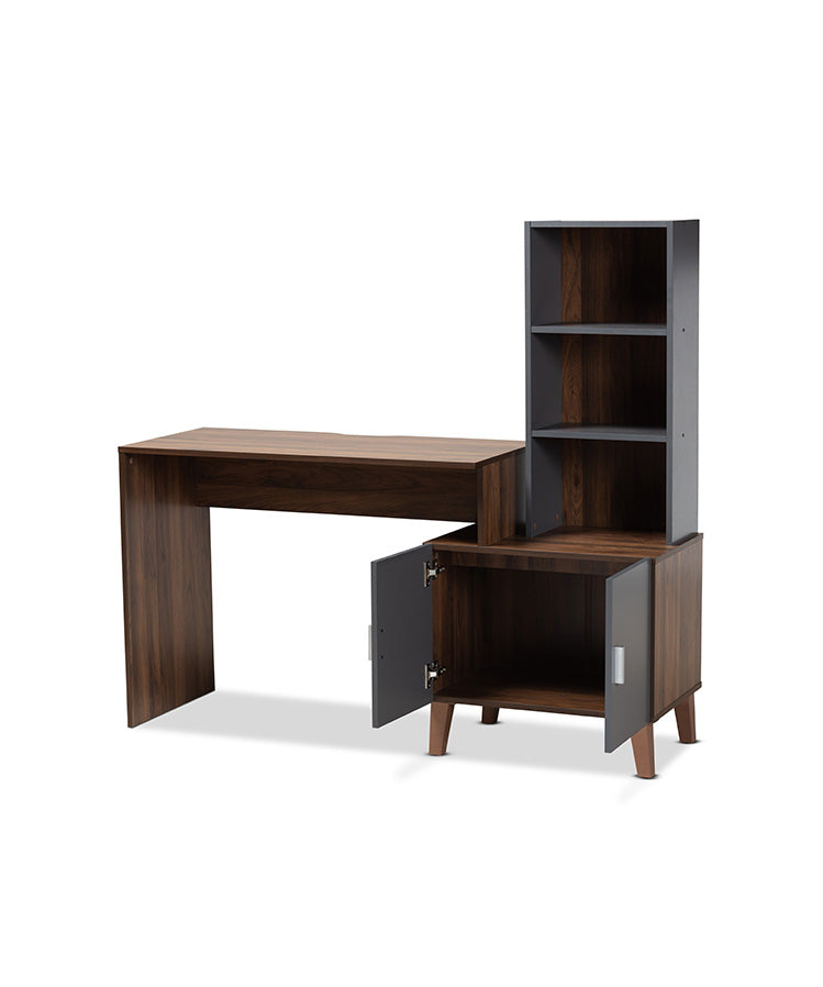 Jaeger Modern and Contemporary Two-Tone Walnut Brown and Dark Grey Finished Wood Storage Desk with Shelves