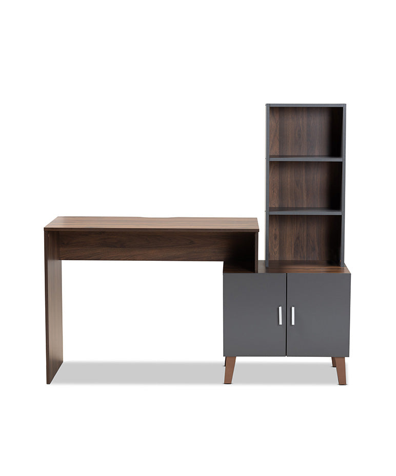 Jaeger Modern and Contemporary Two-Tone Walnut Brown and Dark Grey Finished Wood Storage Desk with Shelves