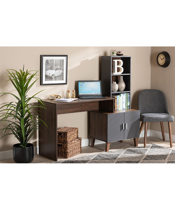 Jaeger Modern and Contemporary Two-Tone Walnut Brown and Dark Grey Finished Wood Storage Desk with Shelves