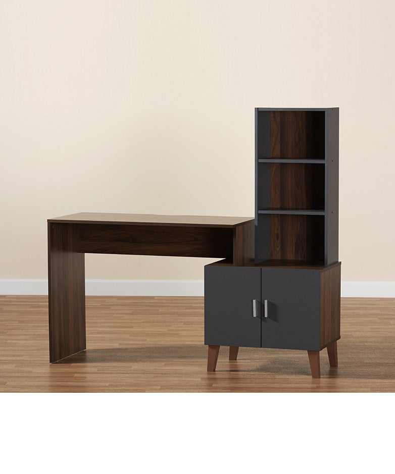 Jaeger Modern and Contemporary Two-Tone Walnut Brown and Dark Grey Finished Wood Storage Desk with Shelves