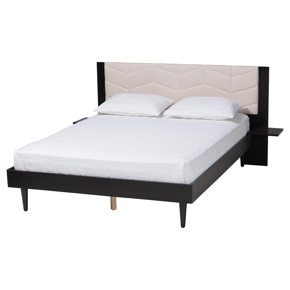 BAXTON STUDIO ADRIANO TRANSITIONAL BEIGE FABRIC AND BLACK WOOD QUEEN SIZE BED WITH BUILT-IN SIDE TABLES