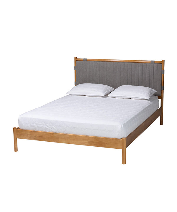 Jaiana Mid-Century Grey Fabric and Oak Brown Wood Queen Size Bed