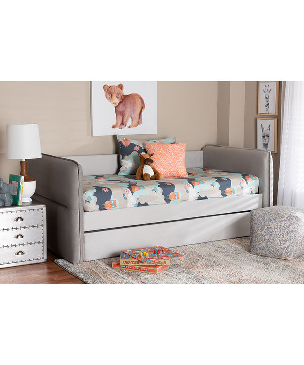 Finch Modern Light Grey Velvet Fabric Full Size Daybed with Trundle