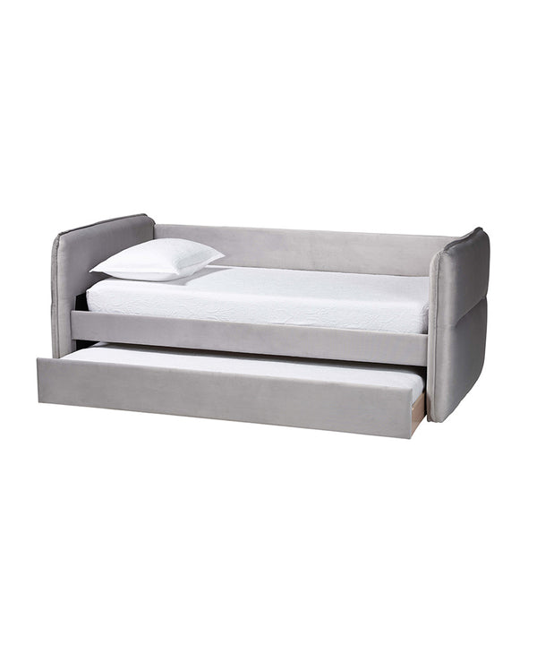 Finch Modern Light Grey Velvet Fabric Full Size Daybed with Trundle