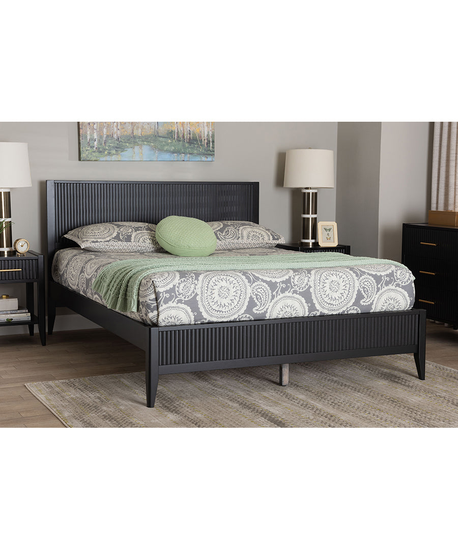 Primrose Mid-Century Black Fluted Wood Queen Size Platform Bed