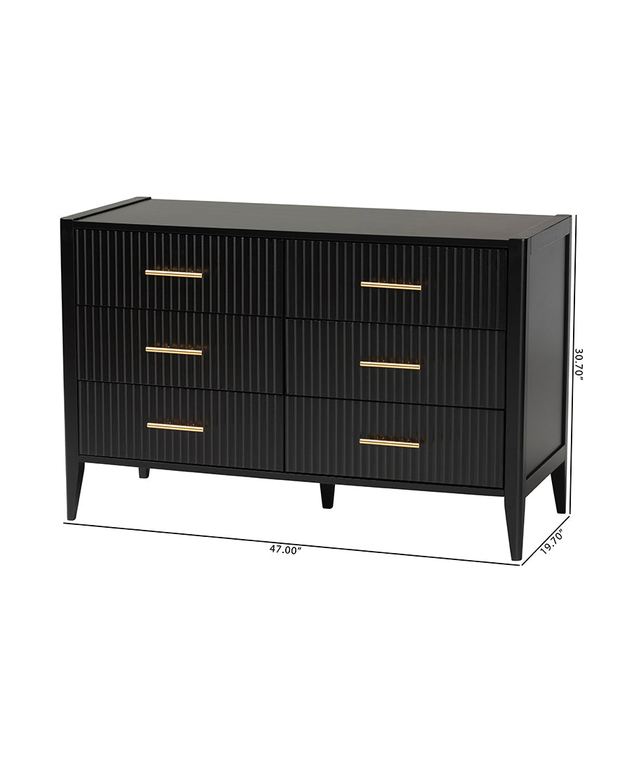 Primrose Mid-Century Black Fluted Wood 6-Drawer Dresser