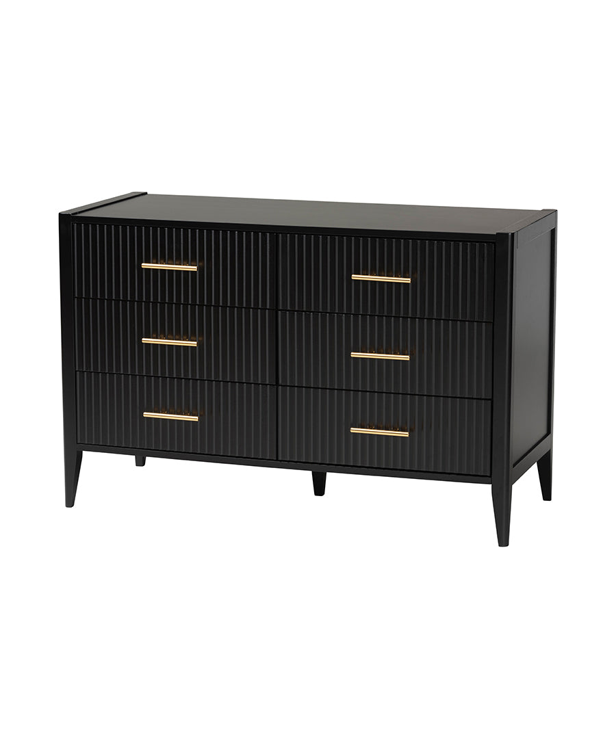 Primrose Mid-Century Black Fluted Wood 6-Drawer Dresser