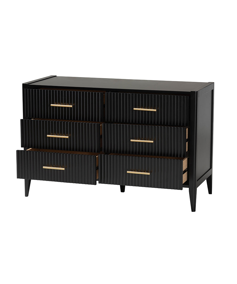 Primrose Mid-Century Black Fluted Wood 6-Drawer Dresser