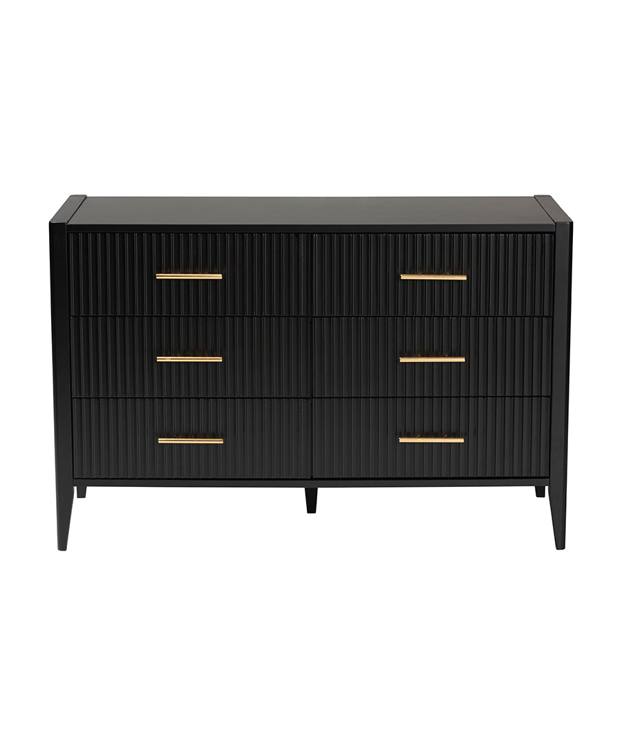 Primrose Mid-Century Black Fluted Wood 6-Drawer Dresser