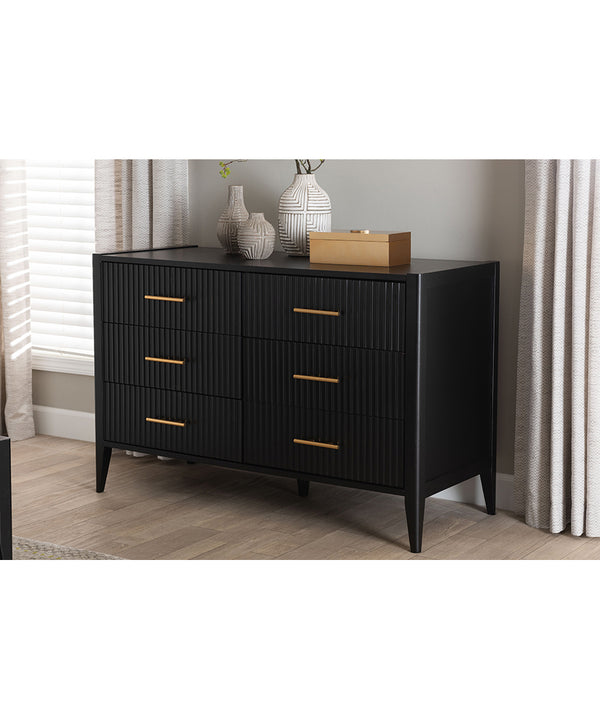 Primrose Mid-Century Black Fluted Wood 6-Drawer Dresser