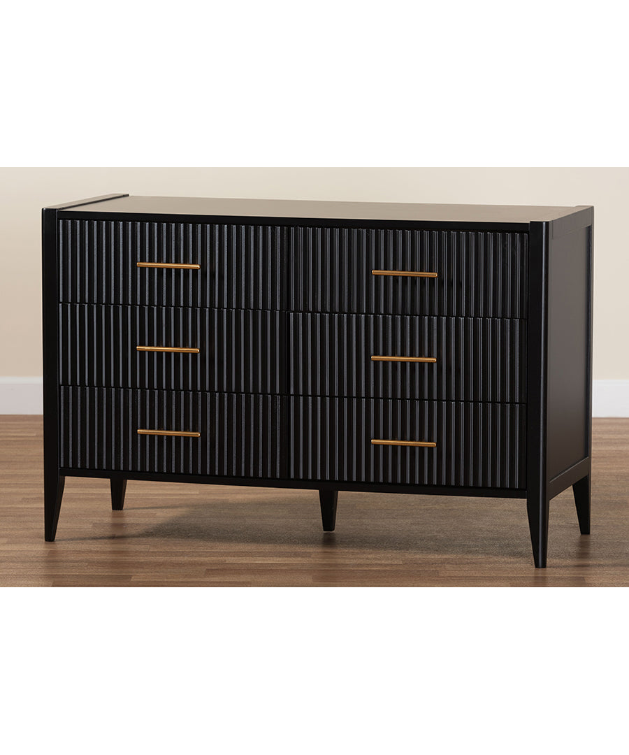 Primrose Mid-Century Black Fluted Wood 6-Drawer Dresser