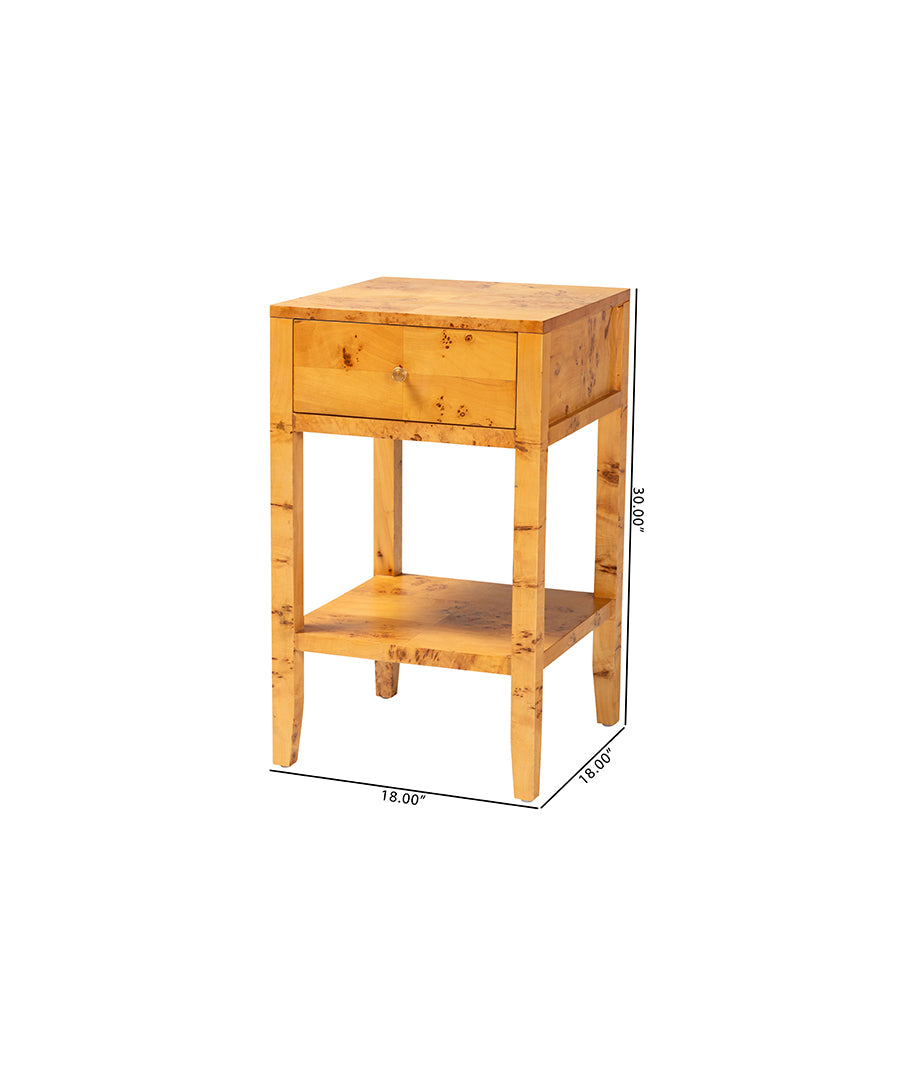 Bali & pari Ghina Modern and Contemporary Natural Light Mappa Burl Wood 1-Drawer Nightstand