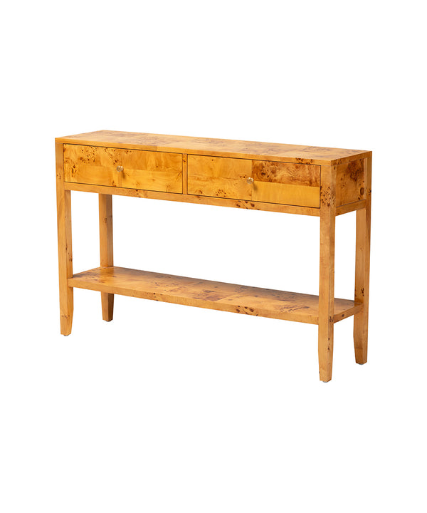 Modern and Contemporary Natural Light Mappa Burl Wood 2-Drawer Console Table