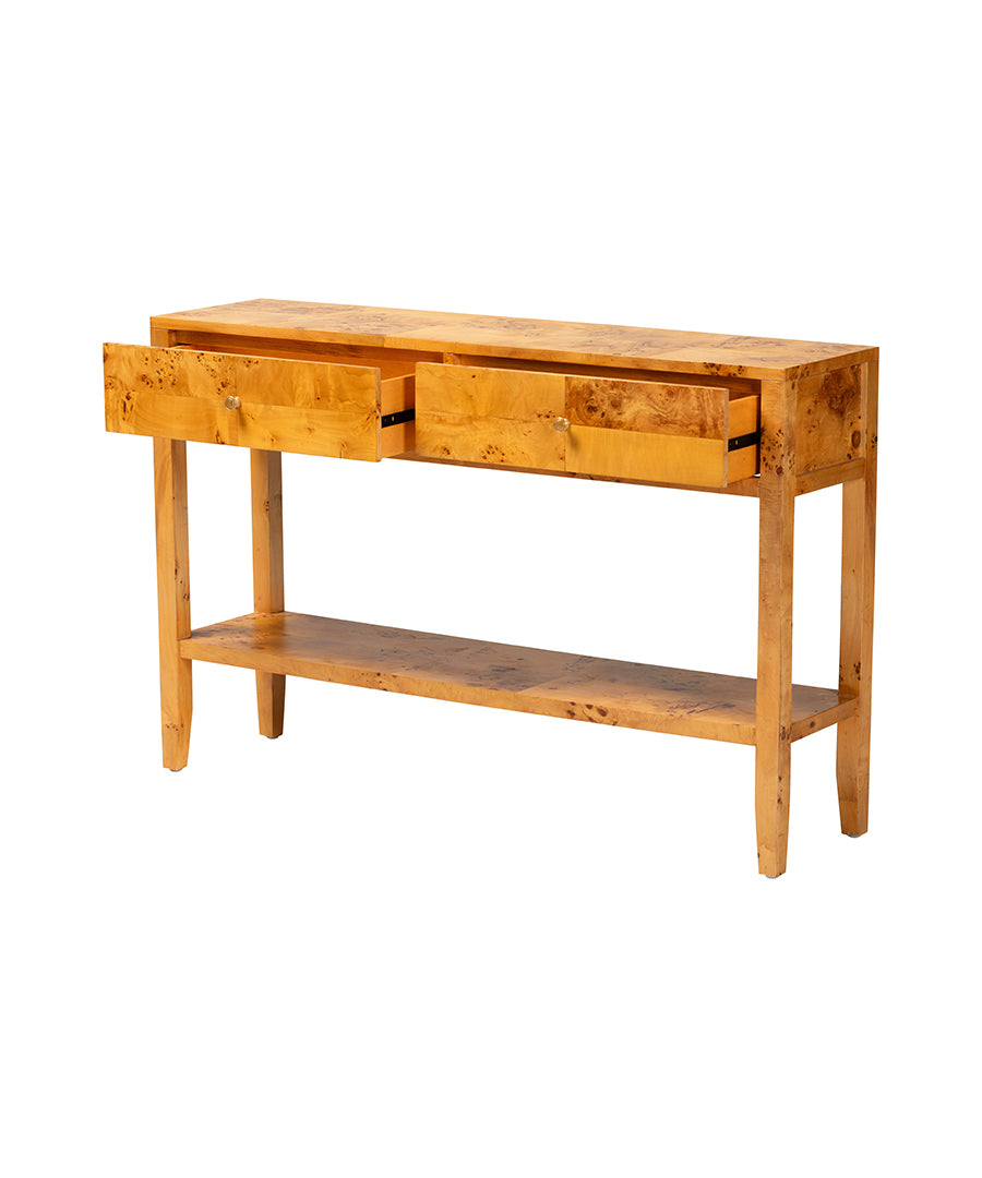 Bali & pari Ghina Modern and Contemporary Natural Light Mappa Burl Wood 2-Drawer Console Table