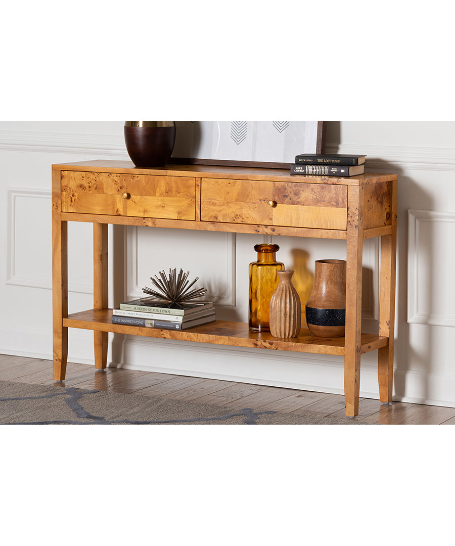 Bali & pari Ghina Modern and Contemporary Natural Light Mappa Burl Wood 2-Drawer Console Table