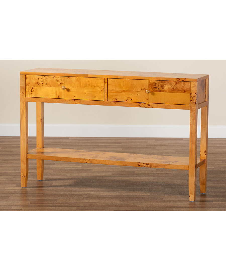 Bali & pari Ghina Modern and Contemporary Natural Light Mappa Burl Wood 2-Drawer Console Table