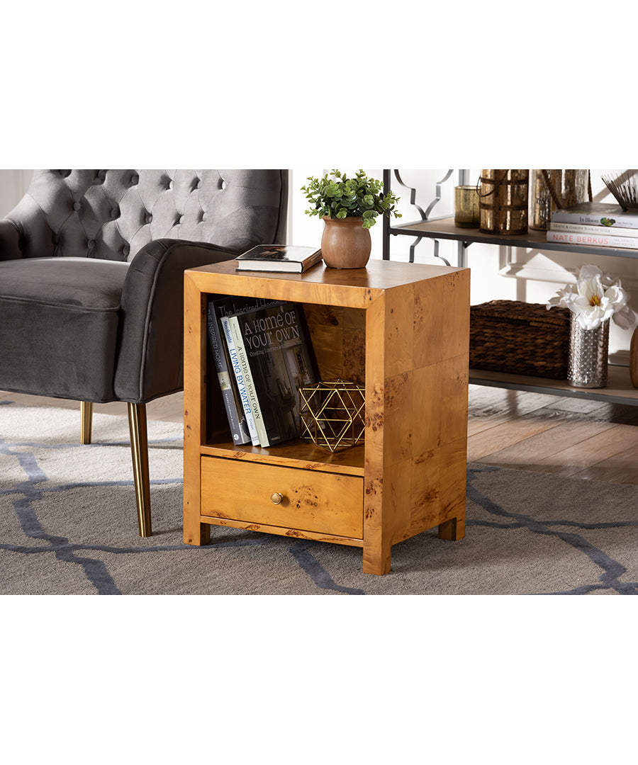 Bali & pari Camira Modern and Contemporary Natural Light Mappa Burl Wood 1-Drawer Nightstand