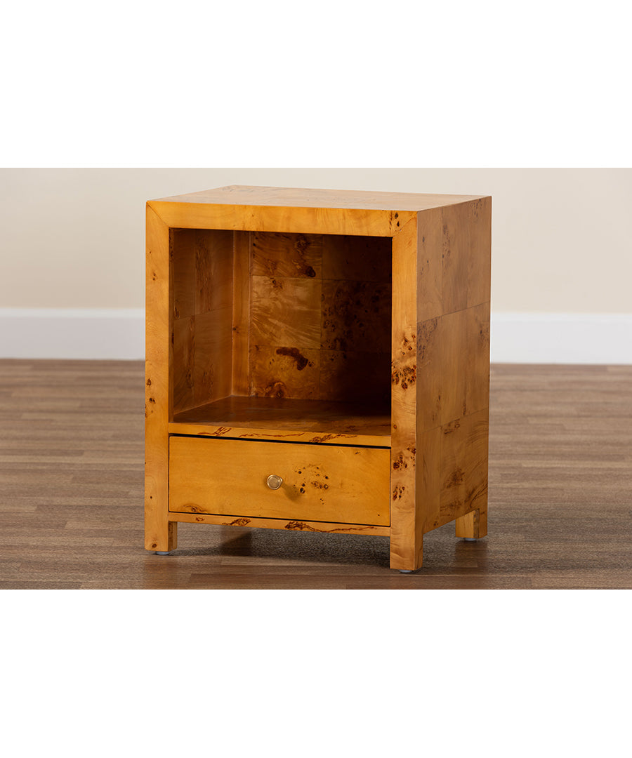 Bali & pari Camira Modern and Contemporary Natural Light Mappa Burl Wood 1-Drawer Nightstand