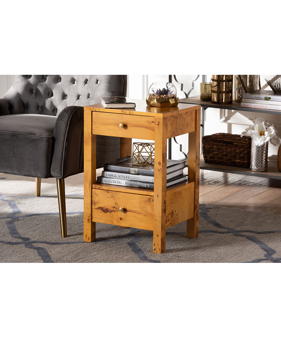 Bali & pari Azmi Modern and Contemporary Natural Light Mappa Burl Wood 2-Drawer Nightstand