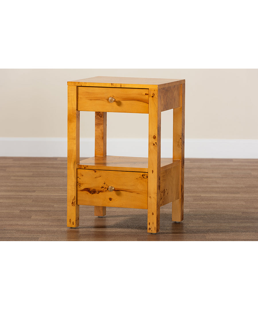 Bali & pari Azmi Modern and Contemporary Natural Light Mappa Burl Wood 2-Drawer Nightstand