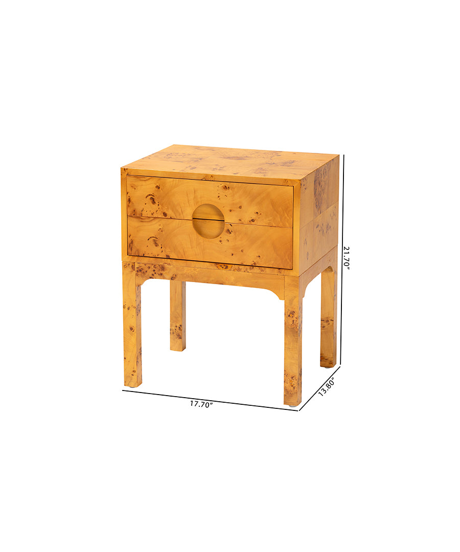 Bali & pari Kayla Modern and Contemporary Natural Light Mappa Burl Wood 2-Drawer Nightstand