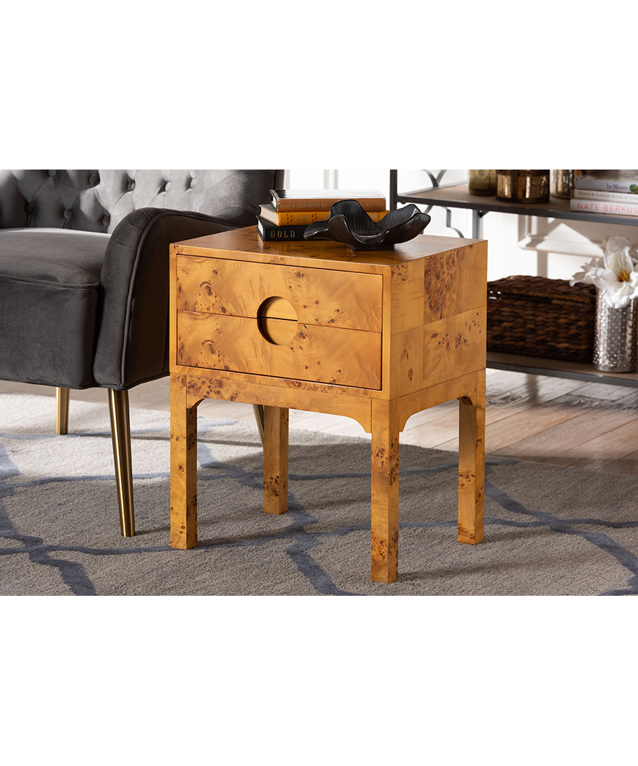 Bali & pari Kayla Modern and Contemporary Natural Light Mappa Burl Wood 2-Drawer Nightstand