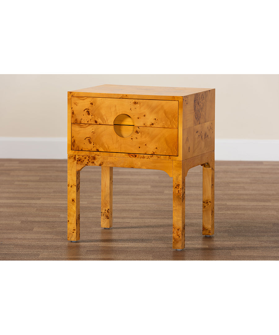 Bali & pari Kayla Modern and Contemporary Natural Light Mappa Burl Wood 2-Drawer Nightstand