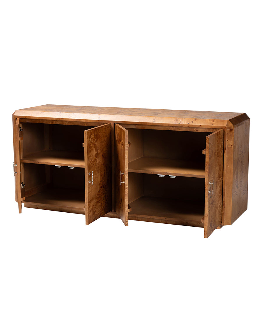 Bali & pari Valora Modern and Contemporary Natural Mappa Burl Wood 4-Door Sideboard Buffet