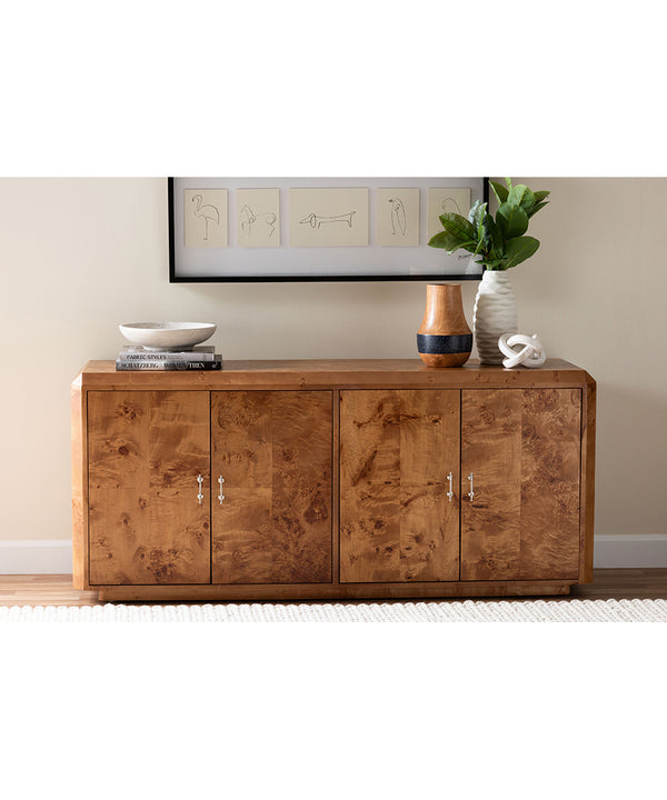 Valora Modern and Contemporary Natural Mappa Burl Wood 4-Door Sideboard Buffet