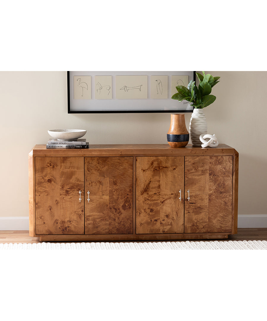 Bali & pari Valora Modern and Contemporary Natural Mappa Burl Wood 4-Door Sideboard Buffet