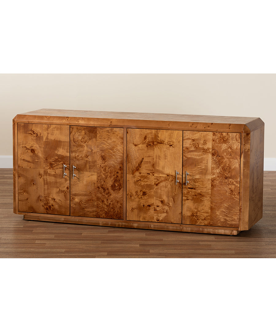 Bali & pari Valora Modern and Contemporary Natural Mappa Burl Wood 4-Door Sideboard Buffet