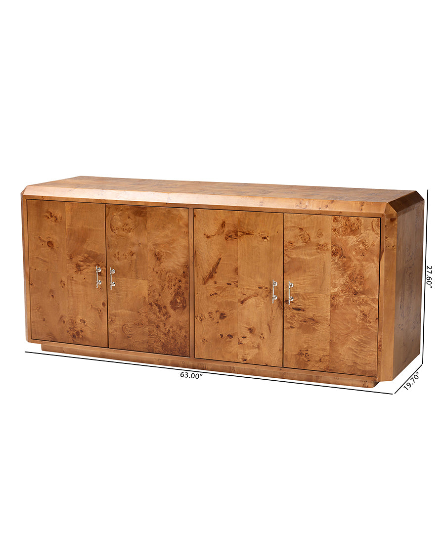 Bali & pari Valora Modern and Contemporary Natural Mappa Burl Wood 4-Door Sideboard Buffet