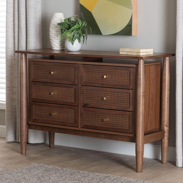 Alyssa Japandi Walnut Brown Wood 6-Drawer Dresser