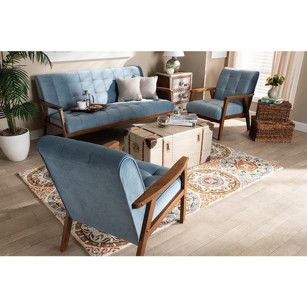 Light Blue Velvet Walnut Finished Wood 3-Piece Living Room Set - Lacasademartha