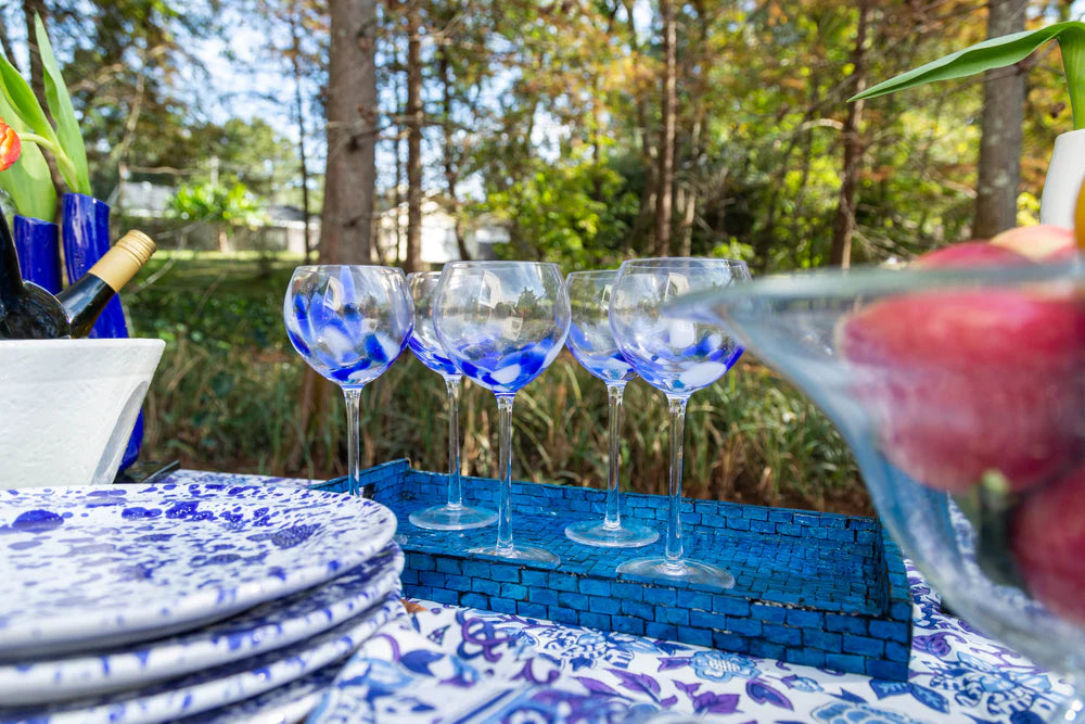 Fiesta Stemmed Wine/Water Glass, Blue/White, Set of 4 - Lacasademartha 