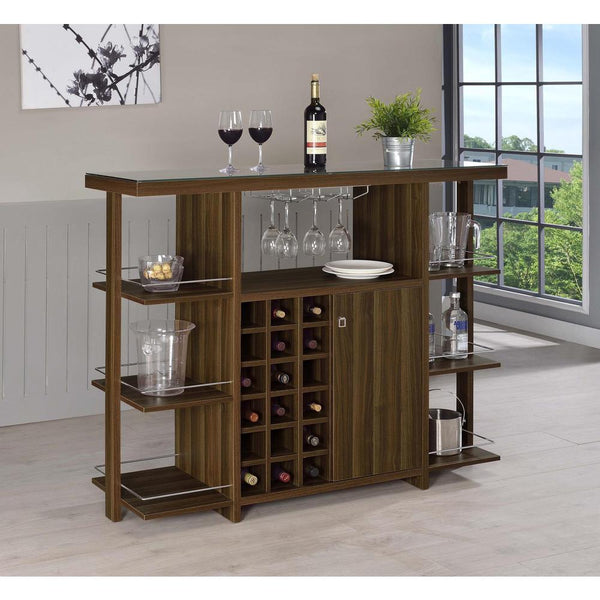 Evelio Wine Bar Unit, Modern Walnut Finish, for 18 Bottles